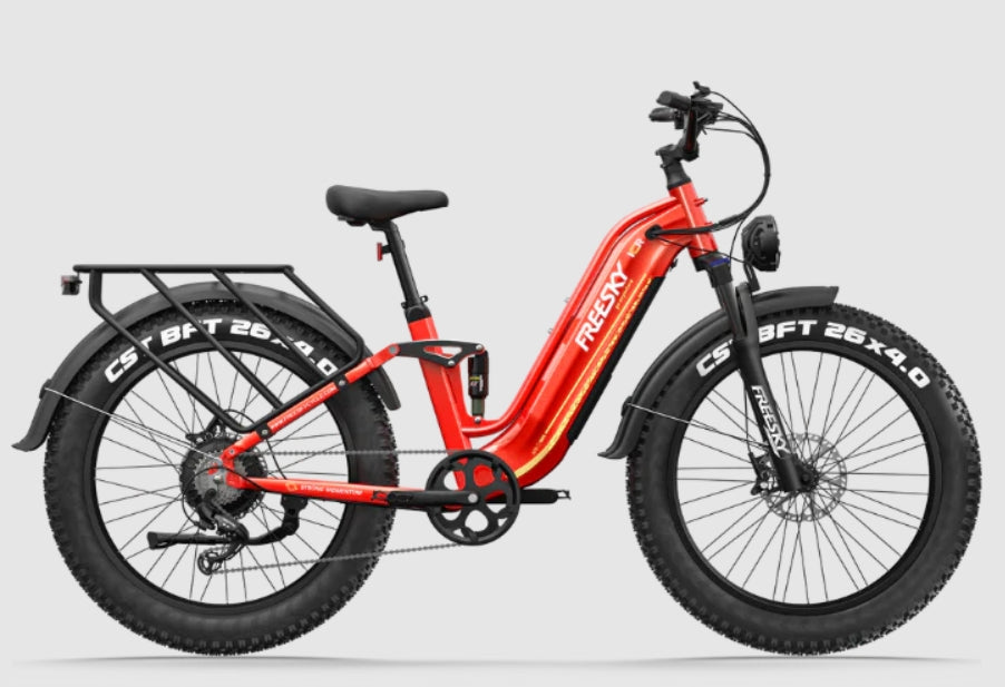 Red electric bike with black tires on a light gray background